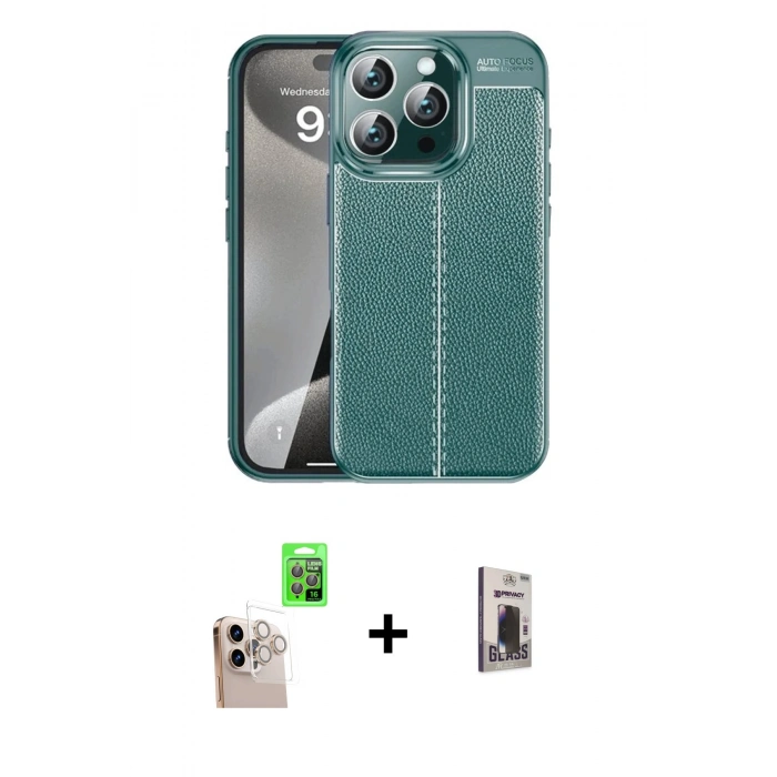 MARSİLYAN™- iPhone 16 Pro Max Kılıf Doruk Klasik Özel Seri - Siyah Bilvis Hayalet Cam Ekran Koruyucu + Raze Metal Kamera Lens - NLGY