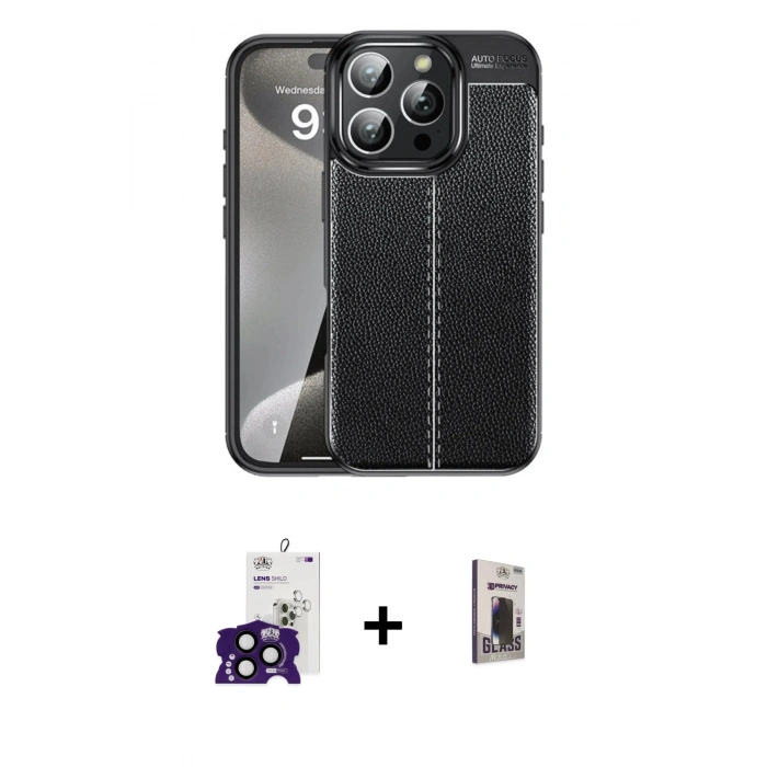 MARSİLYAN™- iPhone 16 Pro Max Kılıf Doruk Klasik Özel Seri - Siyah Bilvis Hayalet Cam Ekran Koruyucu + Bilvis Titan Kamera Lens - SH