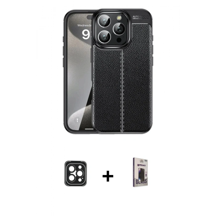 MARSİLYAN™- iPhone 16 Pro Max Kılıf Doruk Klasik Özel Seri - Siyah Bilvis Hayalet Cam Ekran Koruyucu + PVD Metal Kamera Lens - SH