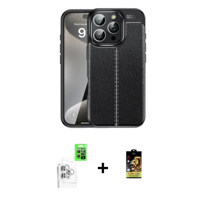 MARSİLYAN™- iPhone 16 Pro Max Kılıf Doruk Klasik Özel Seri - Siyah Buffer Cam Ekran Koruyucu + Raze Metal Kamera Lens - BZ