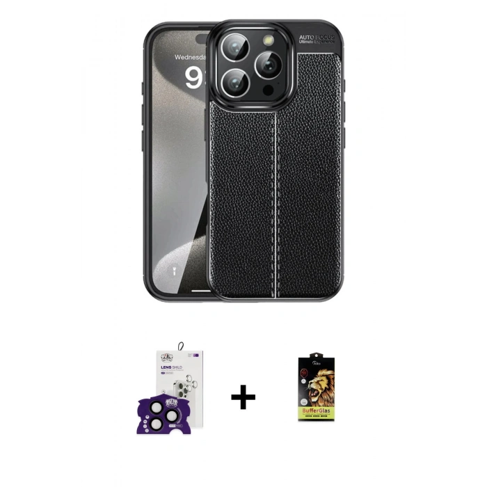 MARSİLYAN™- iPhone 16 Pro Max Kılıf Doruk Klasik Özel Seri - Siyah Buffer Cam Ekran Koruyucu + Bilvis Titan Kamera Lens - SH