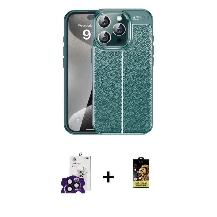 MARSİLYAN™- iPhone 16 Pro Max Kılıf Doruk Klasik Özel Seri - Siyah Buffer Cam Ekran Koruyucu + Bilvis Titan Kamera Lens - SH