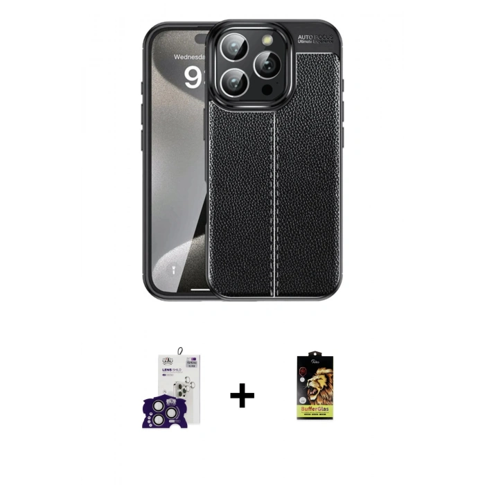 MARSİLYAN™- iPhone 16 Pro Max Kılıf Doruk Klasik Özel Seri - Siyah Buffer Cam Ekran Koruyucu + Bilvis Titan Kamera Lens - TMGI