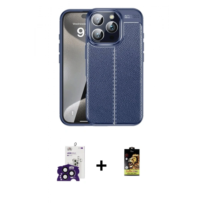 MARSİLYAN™- iPhone 16 Pro Max Kılıf Doruk Klasik Özel Seri - Siyah Buffer Cam Ekran Koruyucu + Bilvis Titan Kamera Lens - SH