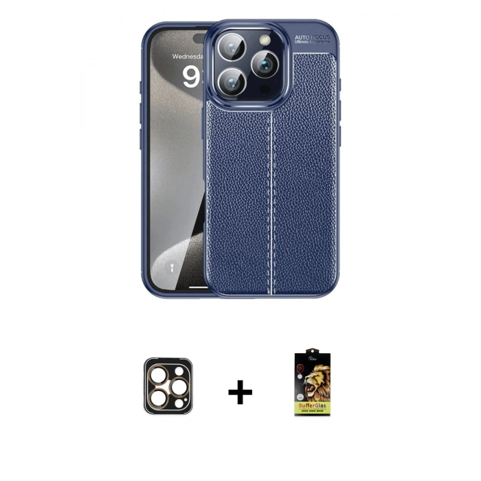 MARSİLYAN™- iPhone 16 Pro Max Kılıf Doruk Klasik Özel Seri - Siyah Buffer Cam Ekran Koruyucu + Gold PVD Metal Kamera Lens