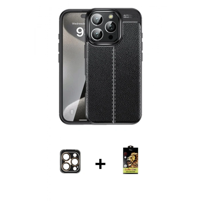 MARSİLYAN™- iPhone 16 Pro Max Kılıf Doruk Klasik Özel Seri - Siyah Buffer Cam Ekran Koruyucu + Gold PVD Metal Kamera Lens
