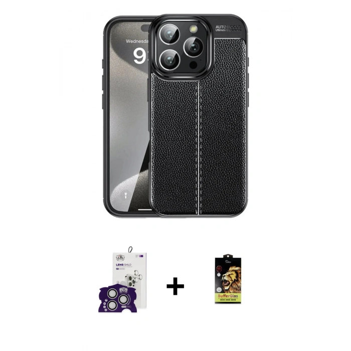 MARSİLYAN™- iPhone 16 Pro Max Kılıf Doruk Klasik Özel Seri - Siyah Buffer Cam Ekran Koruyucu + Bilvis Titan Kamera Lens - GS