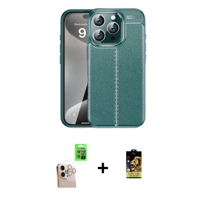 MARSİLYAN™- iPhone 16 Pro Max Kılıf Doruk Klasik Özel Seri - Siyah Buffer Cam Ekran Koruyucu + Raze Metal Kamera Lens - NLGY