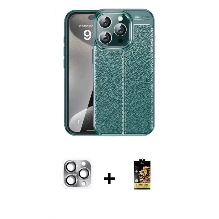 MARSİLYAN™- iPhone 16 Pro Max Kılıf Doruk Klasik Özel Seri - Siyah Buffer Cam Ekran Koruyucu + Pers Alüminyum Kamera Lens - GI