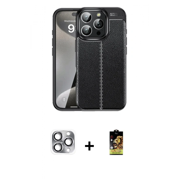 MARSİLYAN™- iPhone 16 Pro Max Kılıf Doruk Klasik Özel Seri - Siyah Buffer Cam Ekran Koruyucu + Pers Alüminyum Kamera Lens - GI