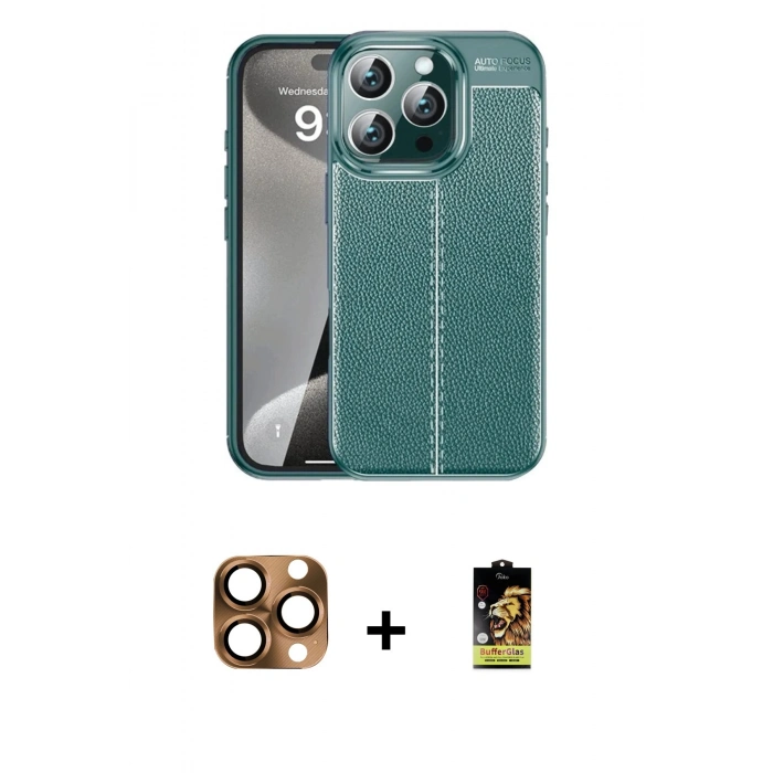 MARSİLYAN™- iPhone 16 Pro Max Kılıf Doruk Klasik Özel Seri - Siyah Buffer Cam Ekran Koruyucu + Pers Alüminyum Kamera Lens - CLTM