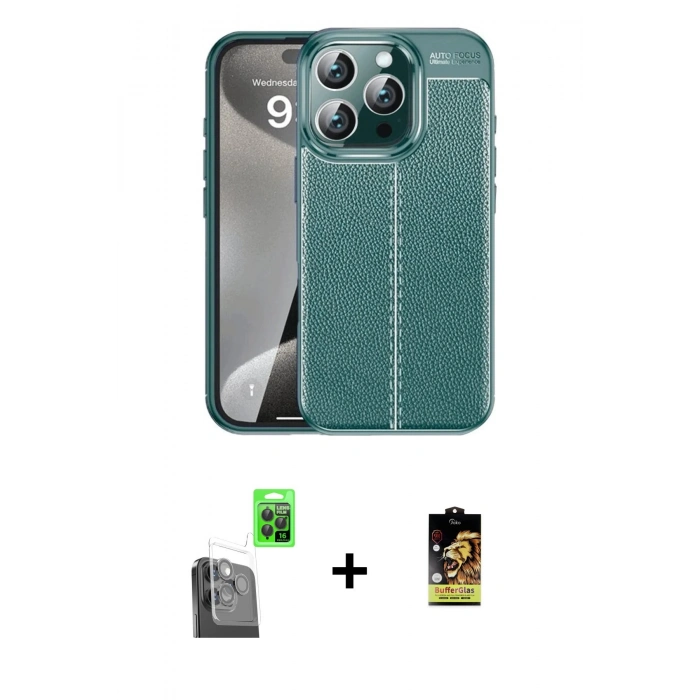 MARSİLYAN™- iPhone 16 Pro Max Kılıf Doruk Klasik Özel Seri - Siyah Buffer Cam Ekran Koruyucu + Raze Metal Kamera Lens - SH