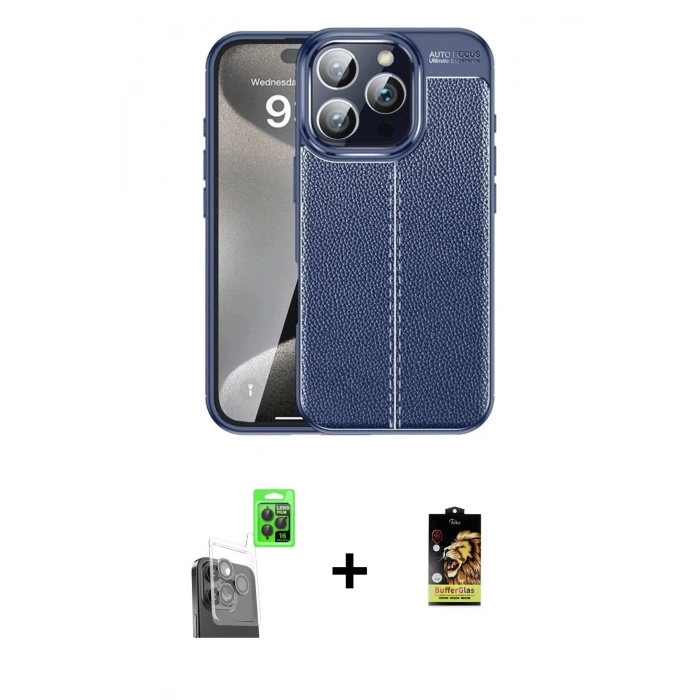 MARSİLYAN™- iPhone 16 Pro Max Kılıf Doruk Klasik Özel Seri - Siyah Buffer Cam Ekran Koruyucu + Raze Metal Kamera Lens - SH