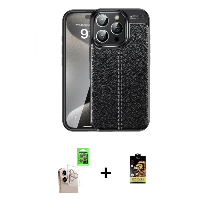 MARSİLYAN™- iPhone 16 Pro Max Kılıf Doruk Klasik Özel Seri - Siyah Buffer Cam Ekran Koruyucu + Raze Metal Kamera Lens - NLGY