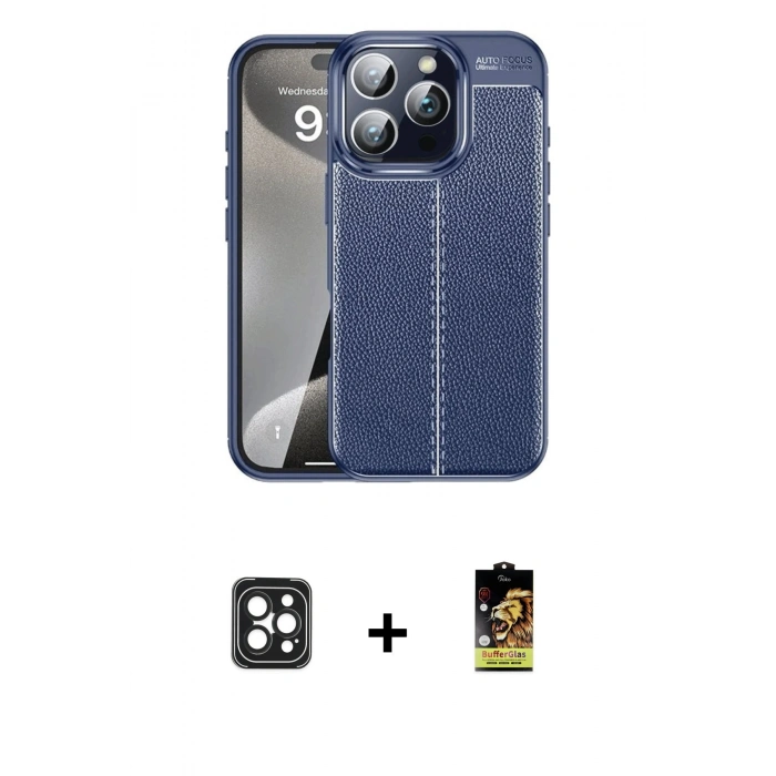 MARSİLYAN™- iPhone 16 Pro Max Kılıf Doruk Klasik Özel Seri - Siyah Buffer Cam Ekran Koruyucu + Siyah PVD Metal Kamera Lens