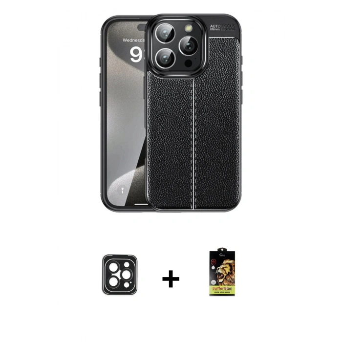 MARSİLYAN™- iPhone 16 Pro Max Kılıf Doruk Klasik Özel Seri - Siyah Buffer Cam Ekran Koruyucu + Siyah PVD Metal Kamera Lens