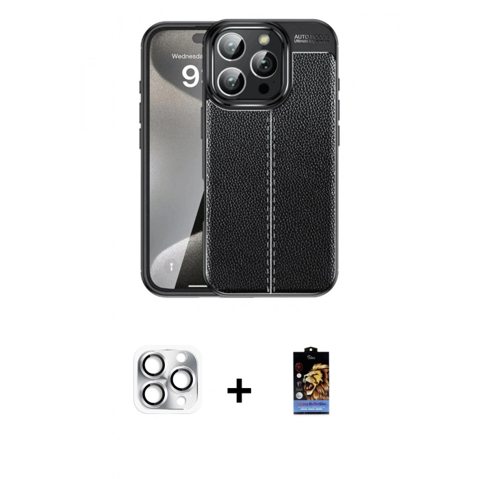 MARSİLYAN™- iPhone 16 Pro Max Kılıf Doruk Klasik Özel Seri - Siyah Buffer Hayalet Cam Ekran Koruyucu + Pers Alüminyum Kamera Lens - GS