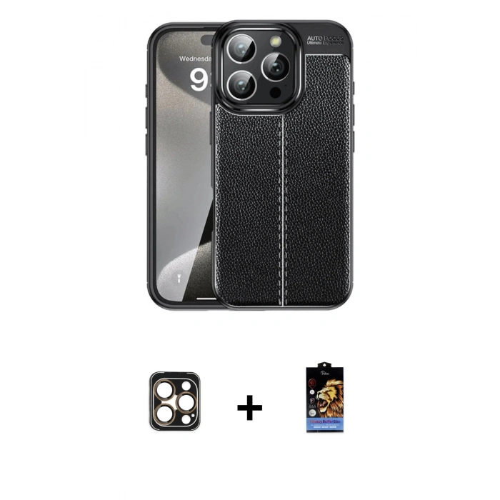 MARSİLYAN™- iPhone 16 Pro Max Kılıf Doruk Klasik Özel Seri - Siyah Buffer Hayalet Cam Ekran Koruyucu + PVD Metal Kamera Lens - GD