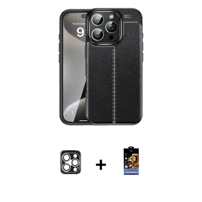 MARSİLYAN™- iPhone 16 Pro Max Kılıf Doruk Klasik Özel Seri - Siyah Buffer Hayalet Cam Ekran Koruyucu + PVD Metal Kamera Lens - GS