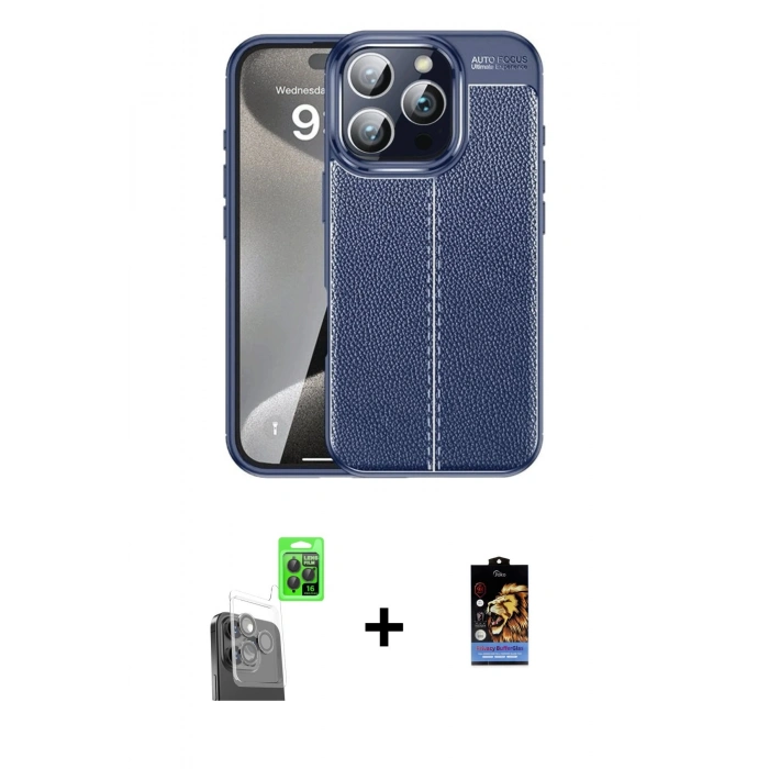 MARSİLYAN™- iPhone 16 Pro Max Kılıf Doruk Klasik Özel Seri - Siyah Buffer Hayalet Cam Ekran Koruyucu + Raze Metal Kamera Lens - SH