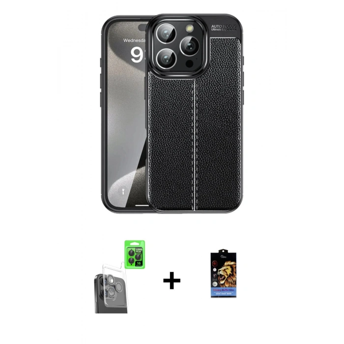 MARSİLYAN™- iPhone 16 Pro Max Kılıf Doruk Klasik Özel Seri - Siyah Buffer Hayalet Cam Ekran Koruyucu + Raze Metal Kamera Lens - SH
