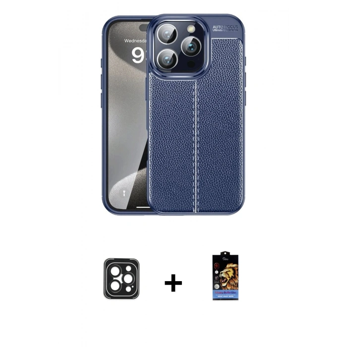 MARSİLYAN™- iPhone 16 Pro Max Kılıf Doruk Klasik Özel Seri - Siyah Buffer Hayalet Cam Ekran Koruyucu + PVD Metal Kamera Lens - SH