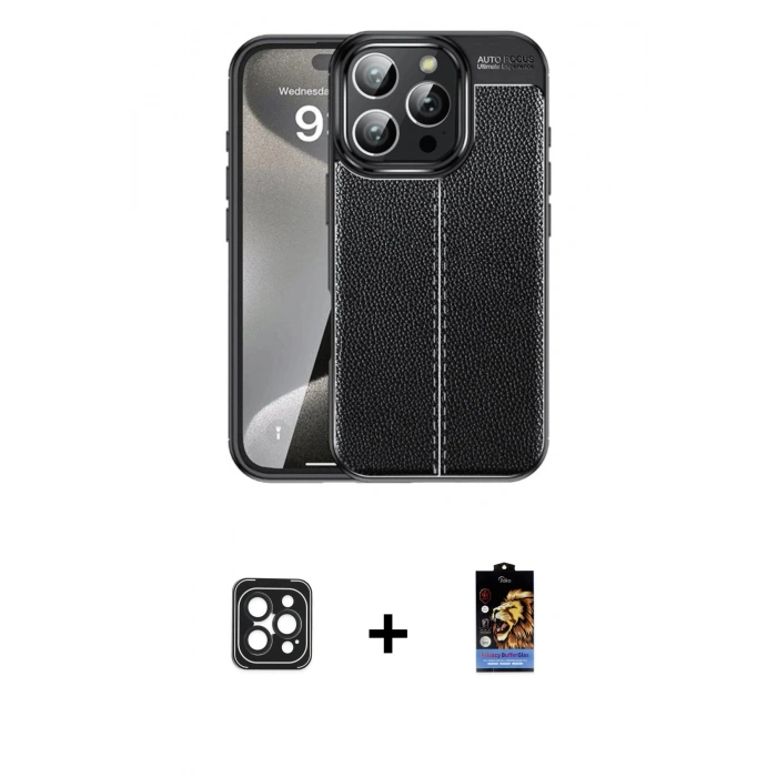 MARSİLYAN™- iPhone 16 Pro Max Kılıf Doruk Klasik Özel Seri - Siyah Buffer Hayalet Cam Ekran Koruyucu + PVD Metal Kamera Lens - SH