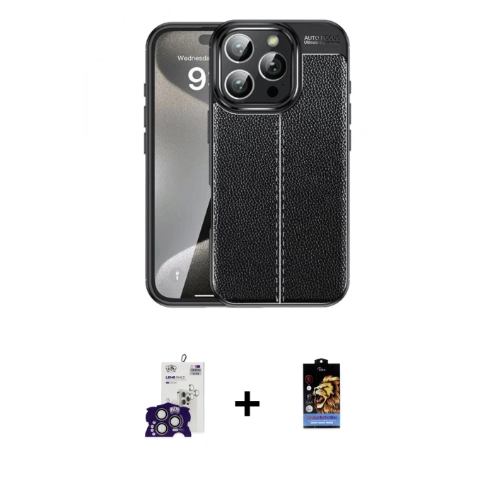 MARSİLYAN™- iPhone 16 Pro Max Kılıf Doruk Klasik Özel Seri - Siyah Buffer Hayalet Cam Ekran Koruyucu + Titanyum Gri Bilvis Titan Kamera Lens