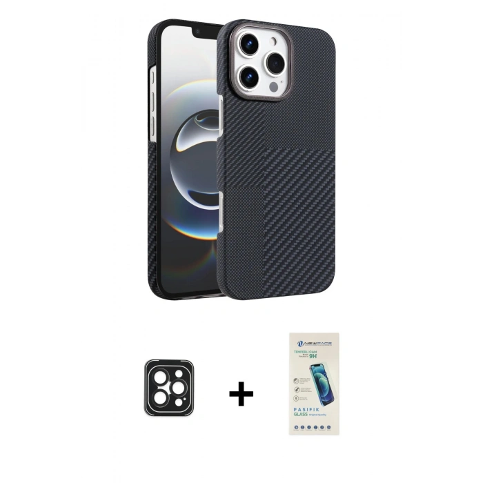 MARSİLYAN™- iPhone 16 Pro Max Kılıf Doruk Serisi - Şeffaf Pasifik Cam Ekran Koruyucu + PVD Metal Kamera Lens - SH