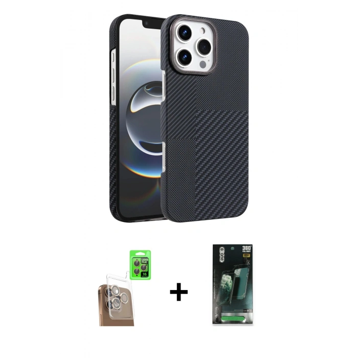 MARSİLYAN™- iPhone 16 Pro Max Kılıf Doruk Serisi - Siyah 360 Mat Full Body Arka Koruyucu + Raze Metal Kamera Lens - CLTM