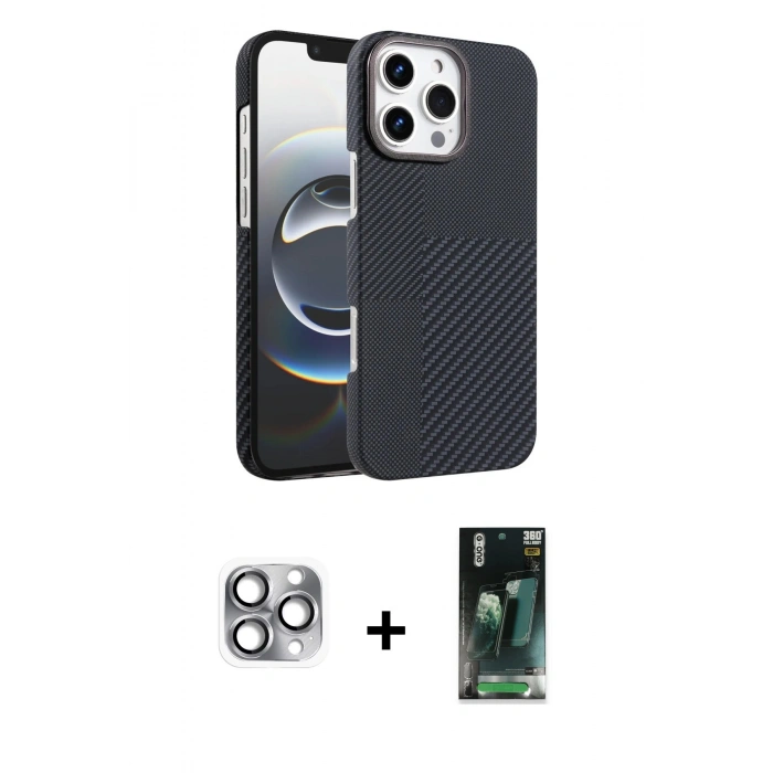 MARSİLYAN™- iPhone 16 Pro Max Kılıf Doruk Serisi - Siyah 360 Mat Full Body Arka Koruyucu + Pers Alüminyum Kamera Lens - GI