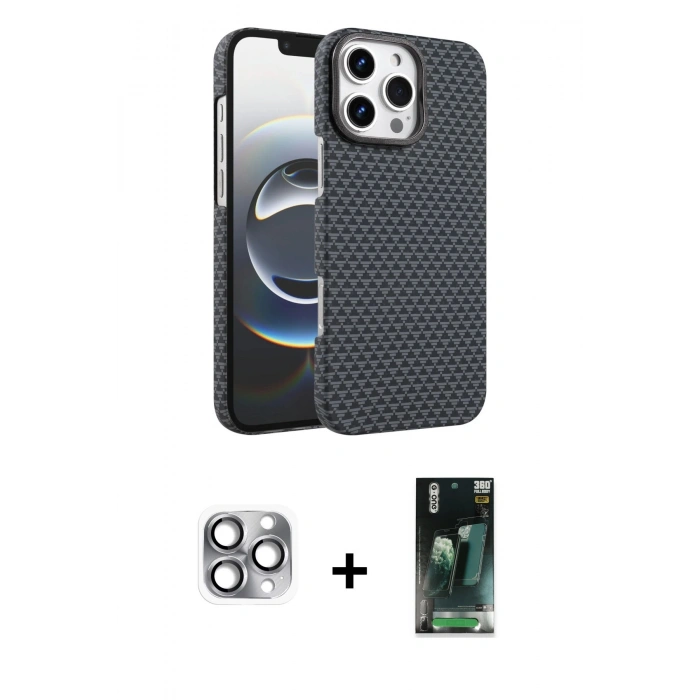 MARSİLYAN™- iPhone 16 Pro Max Kılıf Doruk Serisi - Siyah 360 Mat Full Body Arka Koruyucu + Pers Alüminyum Kamera Lens - GI