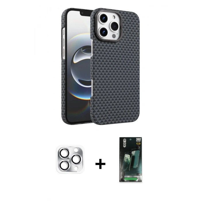 MARSİLYAN™- iPhone 16 Pro Max Kılıf Doruk Serisi - Siyah 360 Mat Full Body Arka Koruyucu + Pers Alüminyum Kamera Lens - GS