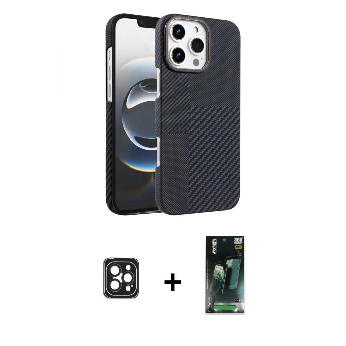 MARSİLYAN™- iPhone 16 Pro Max Kılıf Doruk Serisi - Siyah 360 Mat Full Body Arka Koruyucu + PVD Metal Kamera Lens - SH