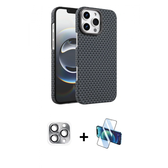 MARSİLYAN™- iPhone 16 Pro Max Kılıf Doruk Serisi - Siyah 3D Antistatik Cam Ekran Koruyucu + Pers Alüminyum Kamera Lens - GI