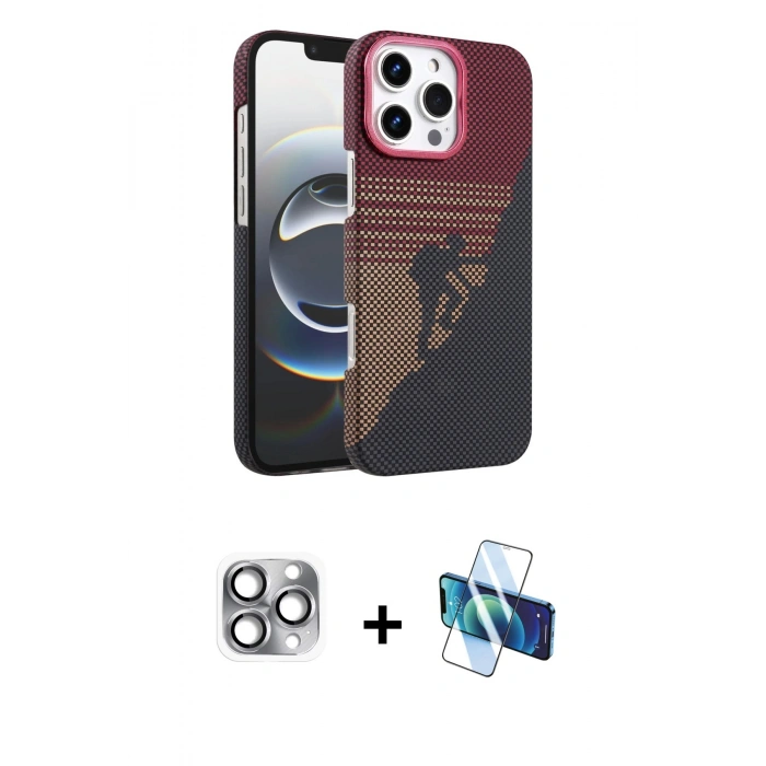 MARSİLYAN™- iPhone 16 Pro Max Kılıf Doruk Serisi - Siyah 3D Antistatik Cam Ekran Koruyucu + Pers Alüminyum Kamera Lens - GI