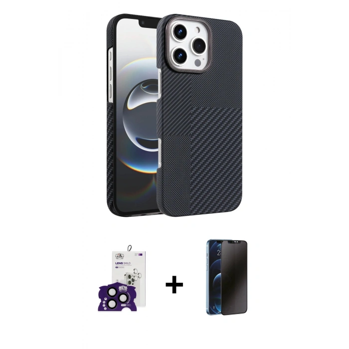 MARSİLYAN™- iPhone 16 Pro Max Kılıf Doruk Serisi - Siyah 3D Antistatik Hayalet Cam Ekran Koruyucu + Bilvis Titan Kamera Lens - SH