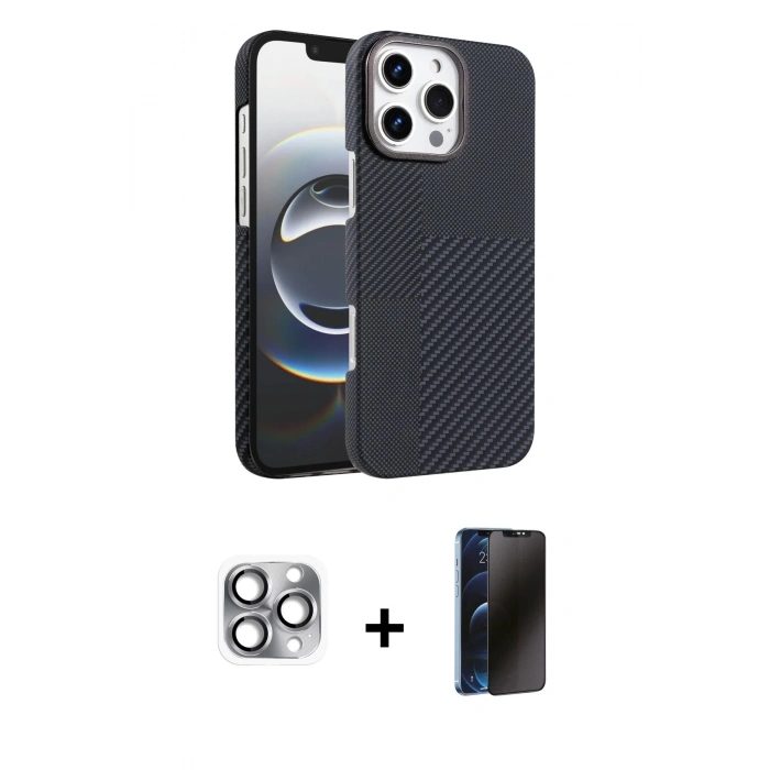 MARSİLYAN™- iPhone 16 Pro Max Kılıf Doruk Serisi - Siyah 3D Antistatik Hayalet Cam Ekran Koruyucu + Pers Alüminyum Kamera Lens - GI