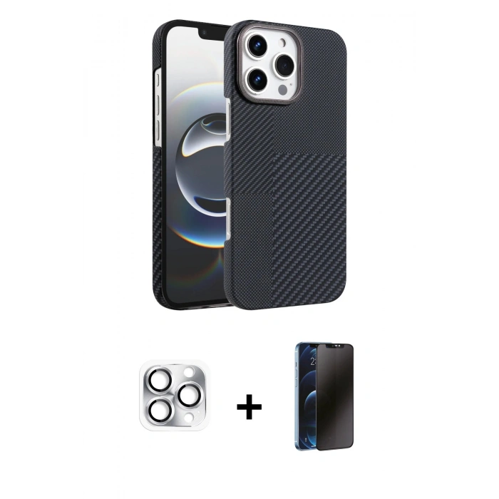 MARSİLYAN™- iPhone 16 Pro Max Kılıf Doruk Serisi - Siyah 3D Antistatik Hayalet Cam Ekran Koruyucu + Pers Alüminyum Kamera Lens - GS