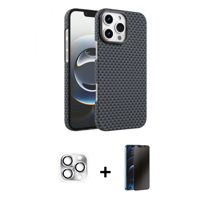 MARSİLYAN™- iPhone 16 Pro Max Kılıf Doruk Serisi - Siyah 3D Antistatik Hayalet Cam Ekran Koruyucu + Pers Alüminyum Kamera Lens - GS