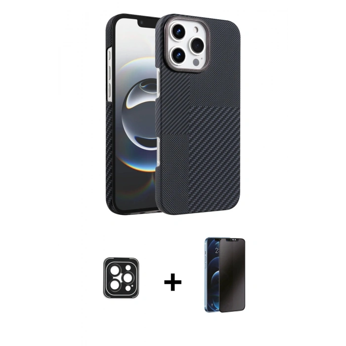 MARSİLYAN™- iPhone 16 Pro Max Kılıf Doruk Serisi - Siyah 3D Antistatik Hayalet Cam Ekran Koruyucu + PVD Metal Kamera Lens - SH