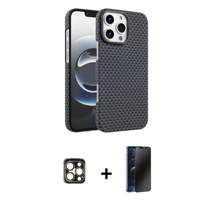 MARSİLYAN™- iPhone 16 Pro Max Kılıf Doruk Serisi - Siyah 3D Antistatik Hayalet Cam Ekran Koruyucu + PVD Metal Kamera Lens - GD