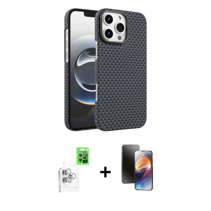 MARSİLYAN™- iPhone 16 Pro Max Kılıf Doruk Serisi - Siyah 3D Antistatik Mat Seramik Nano Ekran Koruyucu + Raze Metal Kamera Lens - BZ