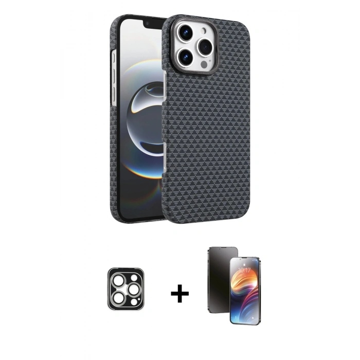 MARSİLYAN™- iPhone 16 Pro Max Kılıf Doruk Serisi - Siyah 3D Antistatik Mat Seramik Nano Ekran Koruyucu + PVD Metal Kamera Lens - GS