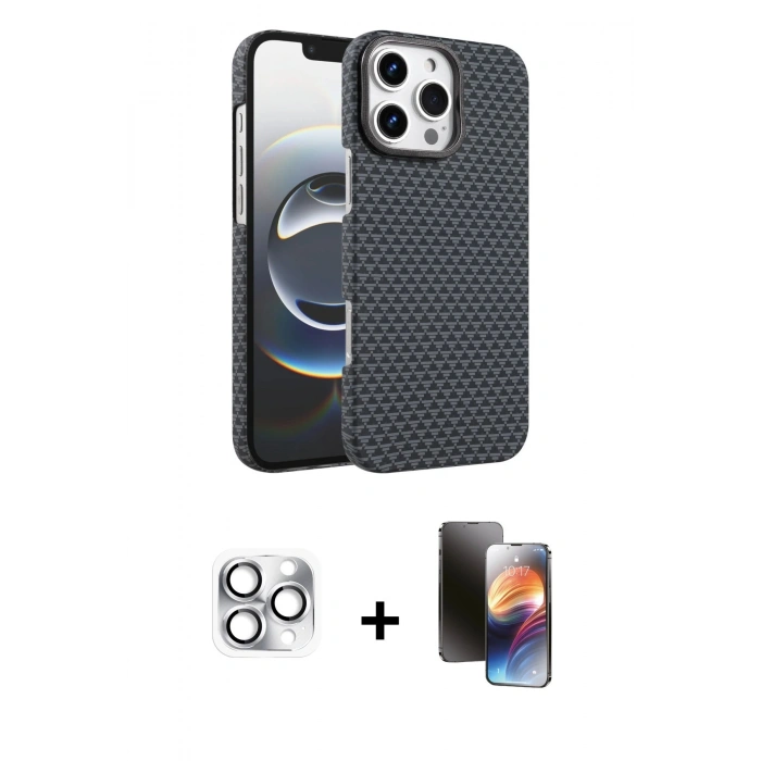 MARSİLYAN™- iPhone 16 Pro Max Kılıf Doruk Serisi - Siyah 3D Antistatik Mat Seramik Nano Ekran Koruyucu + Pers Alüminyum Kamera Lens - GS