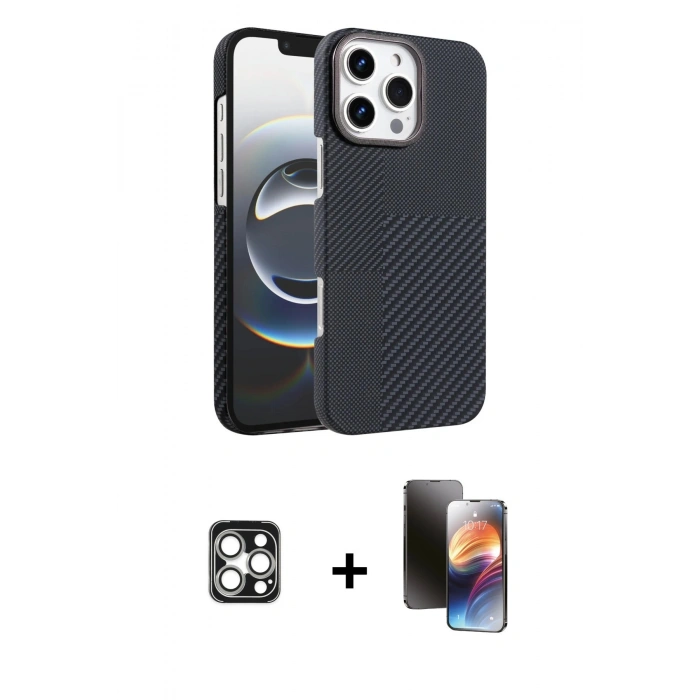 MARSİLYAN™- iPhone 16 Pro Max Kılıf Doruk Serisi - Siyah 3D Antistatik Mat Seramik Nano Ekran Koruyucu + PVD Metal Kamera Lens - GS