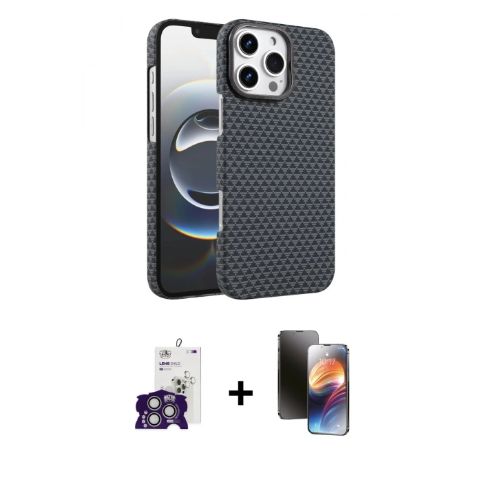 MARSİLYAN™- iPhone 16 Pro Max Kılıf Doruk Serisi - Siyah 3D Antistatik Mat Seramik Nano Ekran Koruyucu + Bilvis Titan Kamera Lens - GS