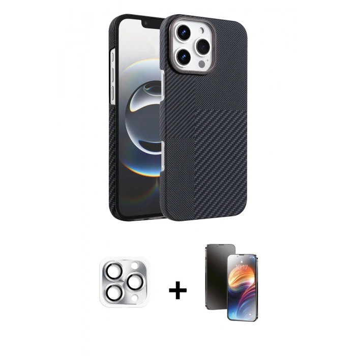 MARSİLYAN™- iPhone 16 Pro Max Kılıf Doruk Serisi - Siyah 3D Antistatik Mat Seramik Nano Ekran Koruyucu + Pers Alüminyum Kamera Lens - GS