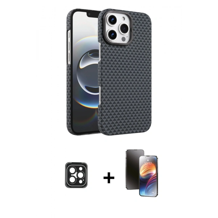 MARSİLYAN™- iPhone 16 Pro Max Kılıf Doruk Serisi - Siyah 3D Antistatik Mat Seramik Nano Ekran Koruyucu + PVD Metal Kamera Lens - SH
