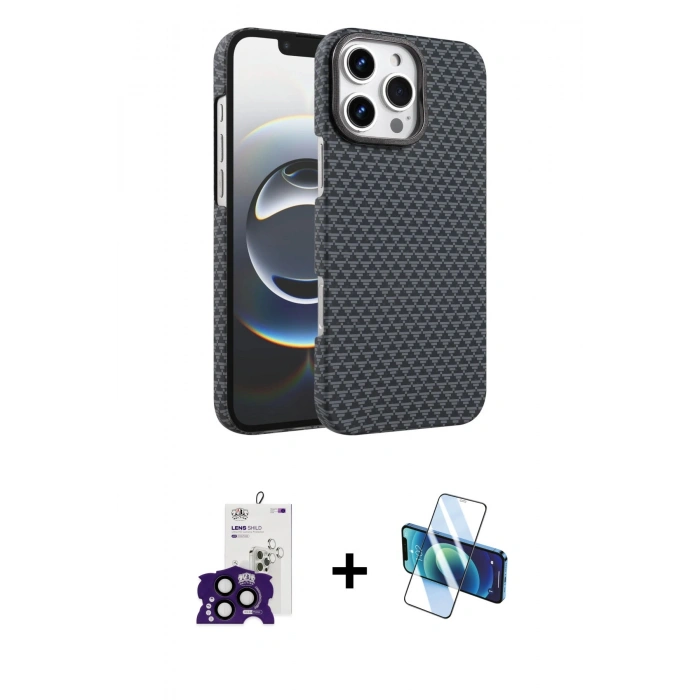 MARSİLYAN™- iPhone 16 Pro Max Kılıf Doruk Serisi - Siyah 3D Antistatik Seramik Nano Ekran Koruyucu + Bilvis Titan Kamera Lens - SH